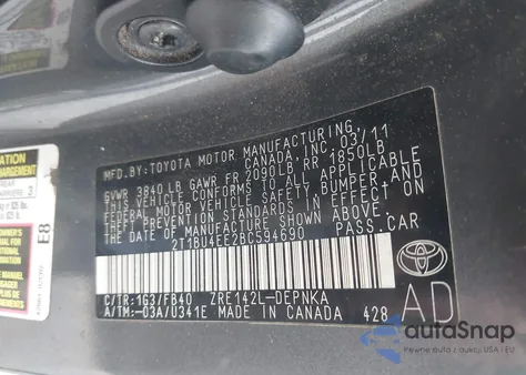 2011 Toyota Corolla Le from USA, damaged, VIN 2T1BU4EE2BC594690